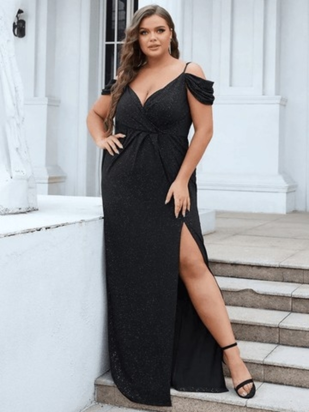 Ever Pretty Black Off-Shoulder Sparkle Evening Gown